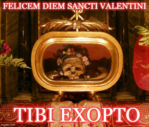 FELICEM DIEM SANCTI VALENTINI; TIBI EXOPTO | image tagged in valentine's day,valentine,catholicism,skull | made w/ Imgflip meme maker