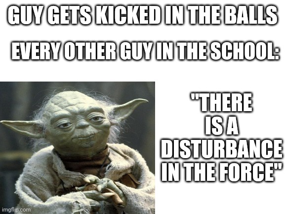 All guys know this | GUY GETS KICKED IN THE BALLS; EVERY OTHER GUY IN THE SCHOOL:; "THERE IS A DISTURBANCE IN THE FORCE" | image tagged in yoda,school,oof,the force | made w/ Imgflip meme maker