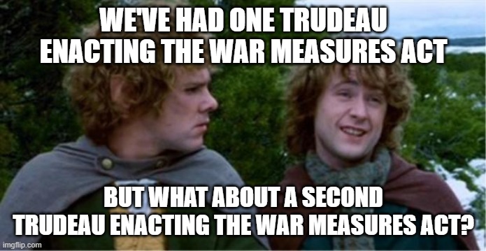 Merry and Pippin | WE'VE HAD ONE TRUDEAU ENACTING THE WAR MEASURES ACT; BUT WHAT ABOUT A SECOND TRUDEAU ENACTING THE WAR MEASURES ACT? | image tagged in merry and pippin | made w/ Imgflip meme maker