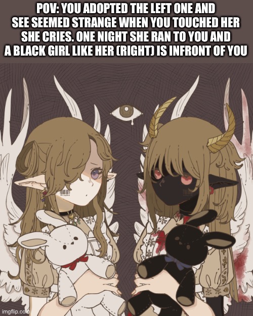 They're both named Melody for some reason ( rules in comments) | POV: YOU ADOPTED THE LEFT ONE AND SEE SEEMED STRANGE WHEN YOU TOUCHED HER SHE CRIES. ONE NIGHT SHE RAN TO YOU AND A BLACK GIRL LIKE HER (RIGHT) IS INFRONT OF YOU | made w/ Imgflip meme maker