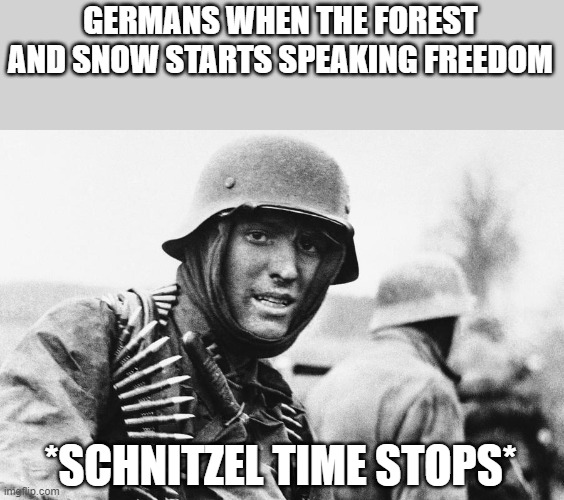 Hans the German | GERMANS WHEN THE FOREST AND SNOW STARTS SPEAKING FREEDOM *SCHNITZEL TIME STOPS* | image tagged in hans the german | made w/ Imgflip meme maker