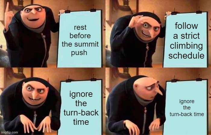 3 | rest before the summit push; follow a strict climbing schedule; ignore the turn-back time; ignore the turn-back time | image tagged in memes,gru's plan | made w/ Imgflip meme maker