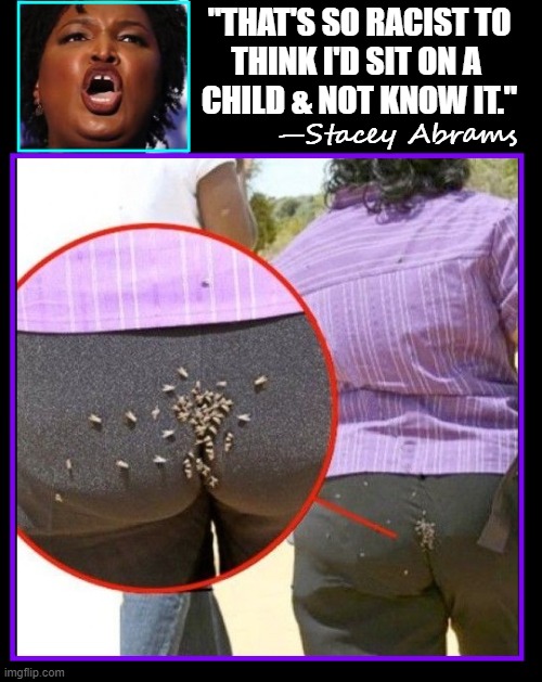 As kids we used to call Stace, "Stinky Butt" | "THAT'S SO RACIST TO
THINK I'D SIT ON A 
CHILD & NOT KNOW IT."; —Stacey Abrams | image tagged in vince vance,memes,flies,butt,gross,stacey abrams | made w/ Imgflip meme maker