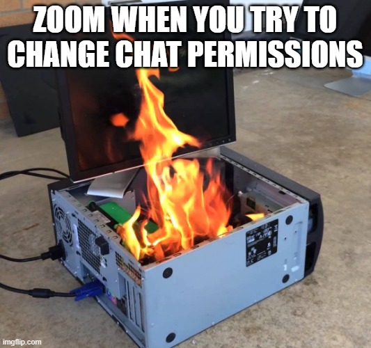 Server on fire | ZOOM WHEN YOU TRY TO CHANGE CHAT PERMISSIONS | image tagged in server on fire | made w/ Imgflip meme maker