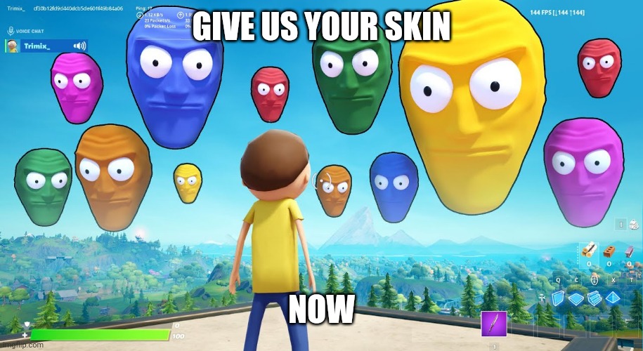 Floating heads starring at your soul | GIVE US YOUR SKIN; NOW | image tagged in floating heads starring at your soul | made w/ Imgflip meme maker