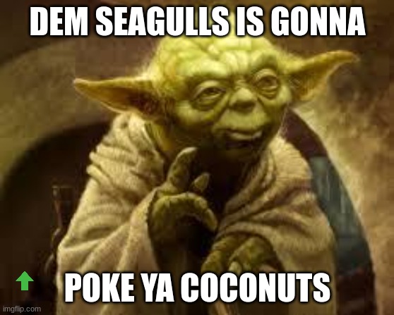 Yoda speaks only of the truth | DEM SEAGULLS IS GONNA; POKE YA COCONUTS | image tagged in yoda,truthful harry,omg his first word | made w/ Imgflip meme maker