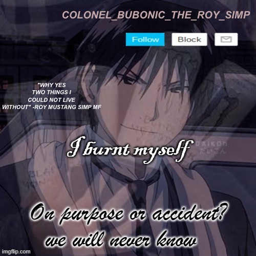 Roy Mustang temp #1,000,000 | I burnt myself; On purpose or accident? we will never know | image tagged in roy mustang temp 1 000 000 | made w/ Imgflip meme maker
