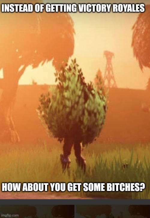 Fortnite bush | INSTEAD OF GETTING VICTORY ROYALES; HOW ABOUT YOU GET SOME BITCHES? | image tagged in fortnite bush | made w/ Imgflip meme maker