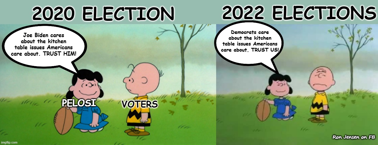 Trust Us, Charlie Brown | 2022 ELECTIONS; 2020 ELECTION; Democrats care about the kitchen table issues Americans care about. TRUST US! Joe Biden cares about the kitchen table issues Americans care about. TRUST HIM! PELOSI; VOTERS; Ron Jensen on FB | image tagged in democrats,joe biden,vote,peanuts,charlie brown football | made w/ Imgflip meme maker