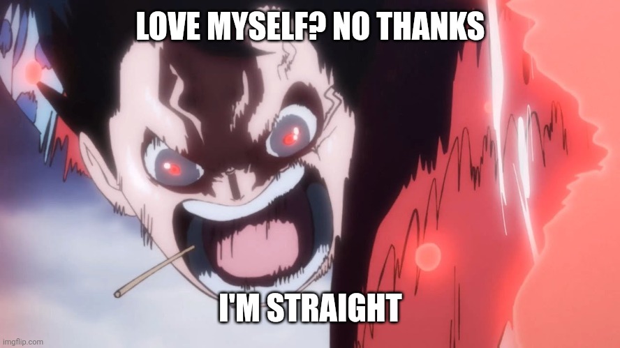 : skull: | LOVE MYSELF? NO THANKS; I'M STRAIGHT | image tagged in luffy screaming | made w/ Imgflip meme maker