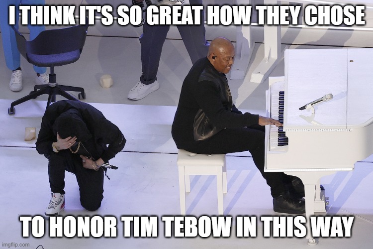 Eminem | I THINK IT'S SO GREAT HOW THEY CHOSE; TO HONOR TIM TEBOW IN THIS WAY | image tagged in eminem loves tebow,eminem,tim tebow | made w/ Imgflip meme maker
