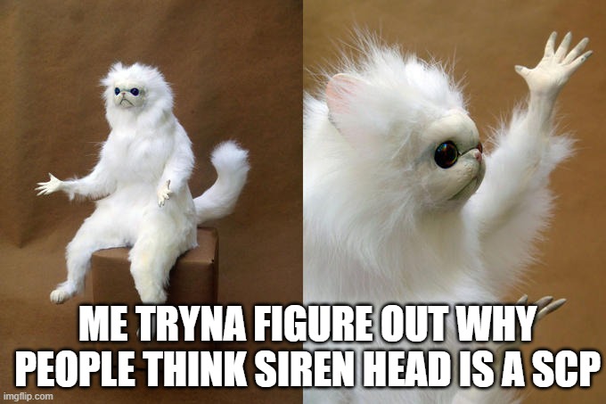 Persian Cat Room Guardian | ME TRYNA FIGURE OUT WHY PEOPLE THINK SIREN HEAD IS A SCP | image tagged in memes,persian cat room guardian | made w/ Imgflip meme maker