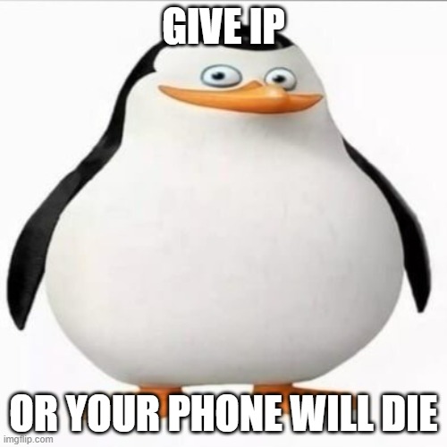 when the penguin needs ip | GIVE IP; OR YOUR PHONE WILL DIE | image tagged in haha,deez nuts | made w/ Imgflip meme maker