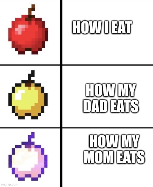 Minecraft apple format | HOW I EAT HOW MY DAD EATS HOW MY MOM EATS | image tagged in minecraft apple format | made w/ Imgflip meme maker