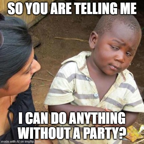 do anything | SO YOU ARE TELLING ME; I CAN DO ANYTHING WITHOUT A PARTY? | image tagged in memes,third world skeptical kid | made w/ Imgflip meme maker