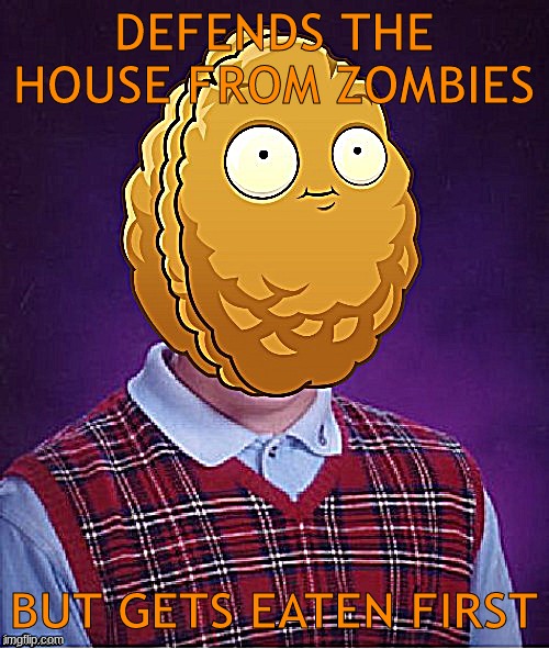 Bad Luck Wall-Nut | DEFENDS THE HOUSE FROM ZOMBIES BUT GETS EATEN FIRST | image tagged in bad luck wall-nut | made w/ Imgflip meme maker