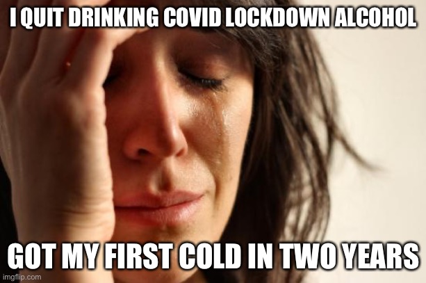 First World Problems | I QUIT DRINKING COVID LOCKDOWN ALCOHOL; GOT MY FIRST COLD IN TWO YEARS | image tagged in memes,first world problems | made w/ Imgflip meme maker