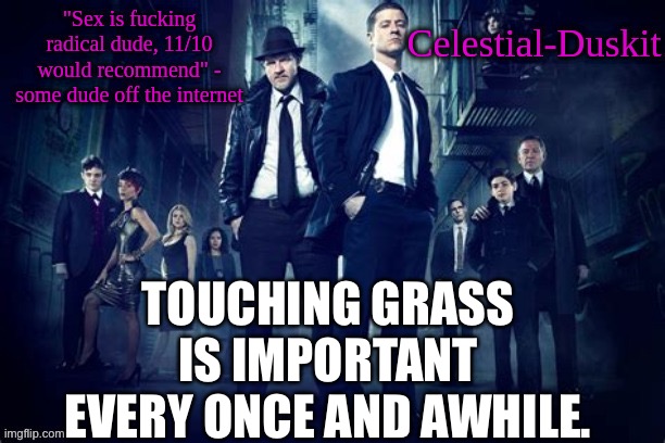I play volleyball, so instead of grass I knock on wood | TOUCHING GRASS IS IMPORTANT EVERY ONCE AND AWHILE. | image tagged in duskit s gotham temp | made w/ Imgflip meme maker