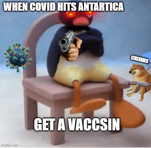 Angry penguin | WHEN COVID HITS ANTARTICA; CHEMMS; GET A VACCSIN | image tagged in angry penguin | made w/ Imgflip meme maker