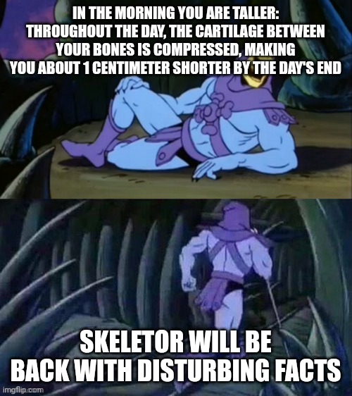 Skeletor disturbing facts | IN THE MORNING YOU ARE TALLER: THROUGHOUT THE DAY, THE CARTILAGE BETWEEN YOUR BONES IS COMPRESSED, MAKING YOU ABOUT 1 CENTIMETER SHORTER BY THE DAY'S END; SKELETOR WILL BE BACK WITH DISTURBING FACTS | image tagged in skeletor disturbing facts | made w/ Imgflip meme maker