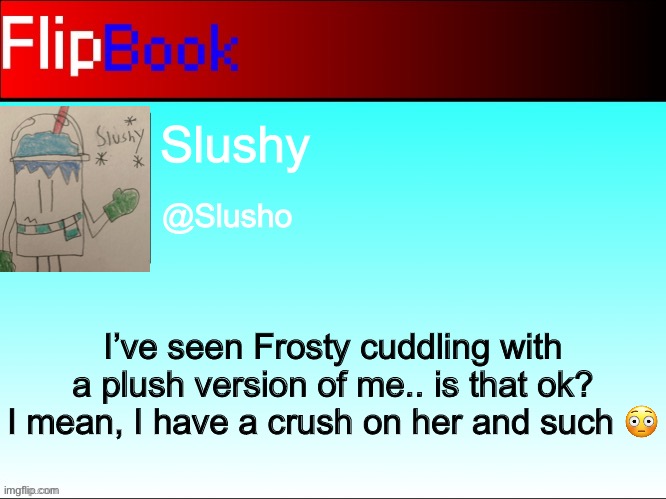 FlipBook profile | Slushy; @Slusho; I’ve seen Frosty cuddling with a plush version of me.. is that ok? I mean, I have a crush on her and such 😳 | image tagged in flipbook profile | made w/ Imgflip meme maker