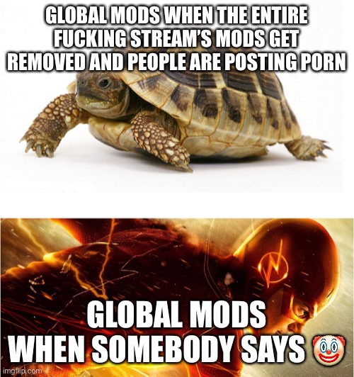 Slow vs Fast Meme | GLOBAL MODS WHEN THE ENTIRE FUCKING STREAM’S MODS GET REMOVED AND PEOPLE ARE POSTING PORN; GLOBAL MODS WHEN SOMEBODY SAYS 🤡 | image tagged in slow vs fast meme | made w/ Imgflip meme maker