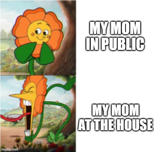 cuphead | MY MOM IN PUBLIC; MY MOM AT THE HOUSE | image tagged in reverse cuphead flower | made w/ Imgflip meme maker