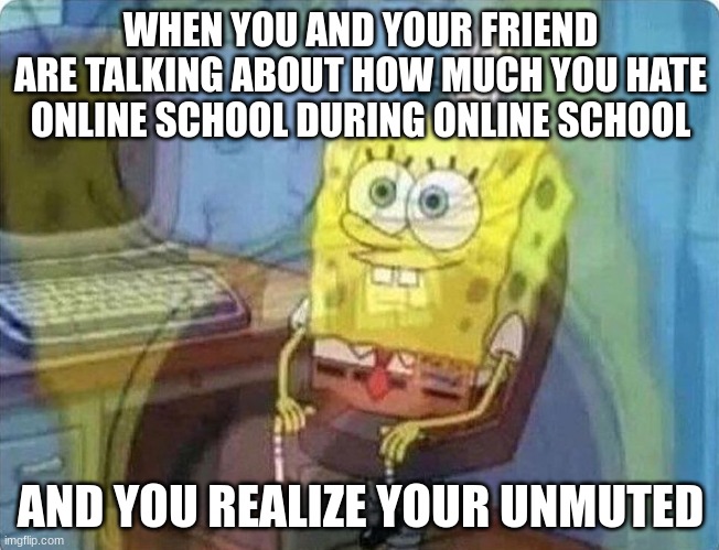 spongebob screaming inside | WHEN YOU AND YOUR FRIEND ARE TALKING ABOUT HOW MUCH YOU HATE ONLINE SCHOOL DURING ONLINE SCHOOL; AND YOU REALIZE YOUR UNMUTED | image tagged in spongebob screaming inside | made w/ Imgflip meme maker