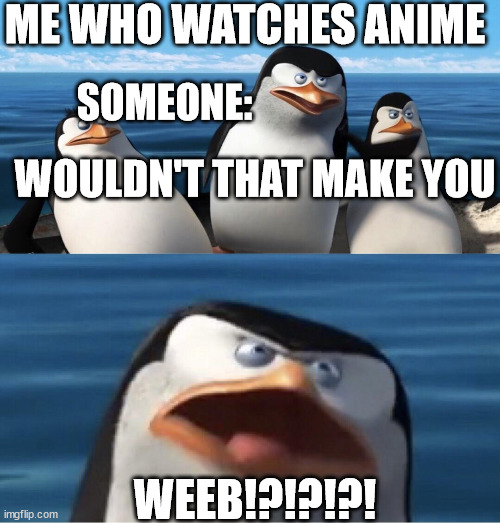 i hate when people thinks anime is bad |  ME WHO WATCHES ANIME; SOMEONE:; WOULDN'T THAT MAKE YOU; WEEB!?!?!?! | image tagged in wouldn't that make you | made w/ Imgflip meme maker