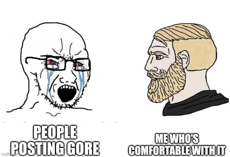 Soyboy Vs Yes Chad | ME WHO'S COMFORTABLE WITH IT; PEOPLE POSTING GORE | image tagged in soyboy vs yes chad | made w/ Imgflip meme maker