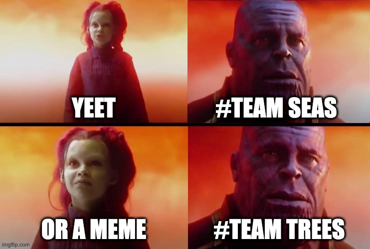 QWA | YEET; #TEAM SEAS; OR A MEME; #TEAM TREES | image tagged in thanos what did it cost | made w/ Imgflip meme maker