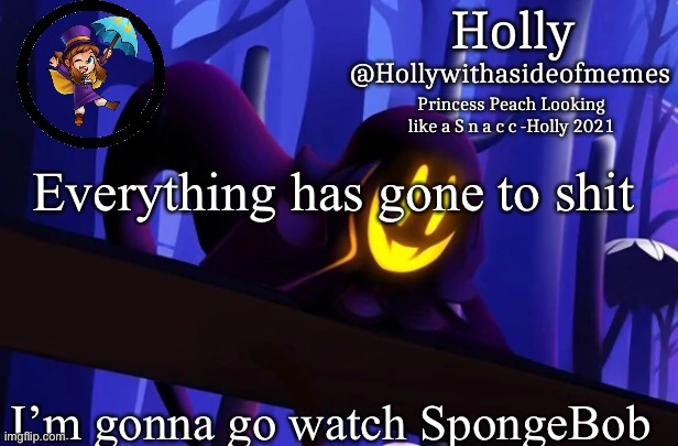 Holly Snatcher Template | Everything has gone to shit; I’m gonna go watch SpongeBob | image tagged in holly snatcher template | made w/ Imgflip meme maker