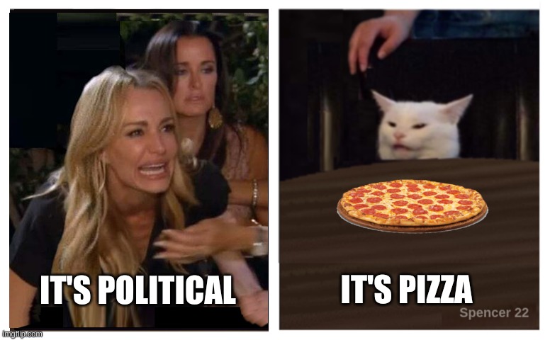 Meme unfeatured from political stream. Come on!!! | image tagged in smudge the cat,woman yelling at cat,politics,meanwhile on imgflip,imgflip mods,pizza | made w/ Imgflip meme maker