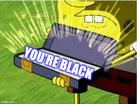 Spongbob secret weapon | YOU'RE BLACK | image tagged in spongbob secret weapon | made w/ Imgflip meme maker