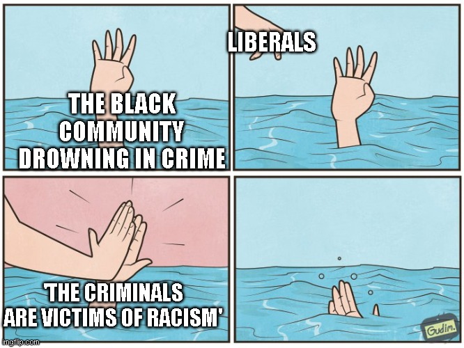 High five drown | LIBERALS; THE BLACK COMMUNITY DROWNING IN CRIME; 'THE CRIMINALS ARE VICTIMS OF RACISM' | image tagged in high five drown | made w/ Imgflip meme maker