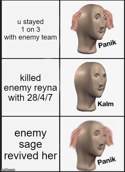 valorant meme | u stayed 1 on 3 with enemy team; killed enemy reyna with 28/4/7; enemy sage revived her | image tagged in memes,panik kalm panik,valorant | made w/ Imgflip meme maker