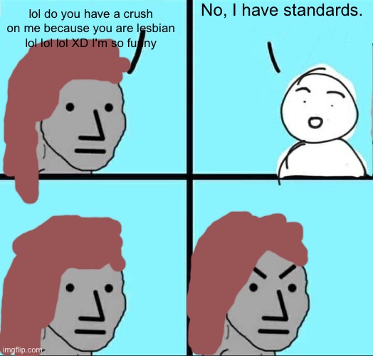 hehe | No, I have standards. lol do you have a crush on me because you are lesbian lol lol lol XD I'm so funny | image tagged in npc meme | made w/ Imgflip meme maker
