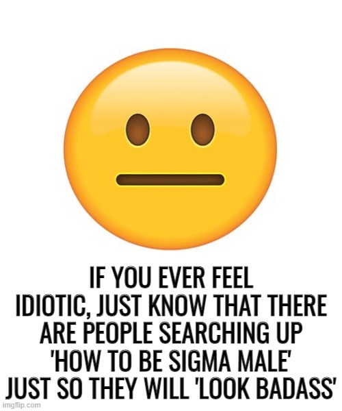 fr tho my cousin has been doing this for a while now and its kinda annoying me | IF YOU EVER FEEL IDIOTIC, JUST KNOW THAT THERE ARE PEOPLE SEARCHING UP 'HOW TO BE SIGMA MALE' JUST SO THEY WILL 'LOOK BADASS' | image tagged in straight face | made w/ Imgflip meme maker