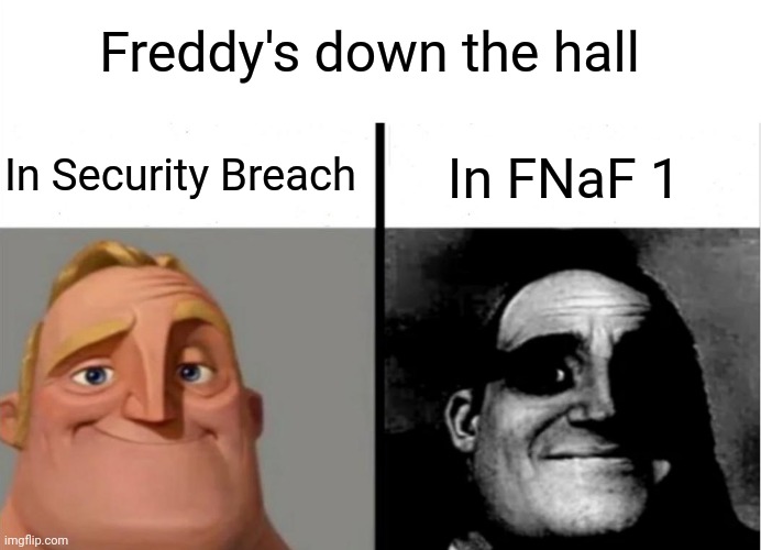 Good Ole Days | Freddy's down the hall; In Security Breach; In FNaF 1 | image tagged in teacher's copy,fnaf | made w/ Imgflip meme maker