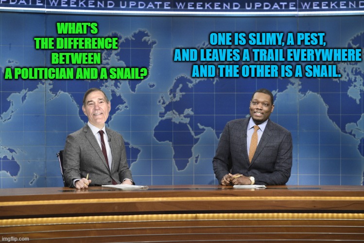 weekend update |  ONE IS SLIMY, A PEST, AND LEAVES A TRAIL EVERYWHERE AND THE OTHER IS A SNAIL. WHAT'S THE DIFFERENCE BETWEEN A POLITICIAN AND A SNAIL? | image tagged in weekend update | made w/ Imgflip meme maker
