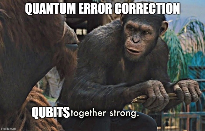 Error corrected apes | QUANTUM ERROR CORRECTION; QUBITS | image tagged in apes together strong,quantum computing | made w/ Imgflip meme maker