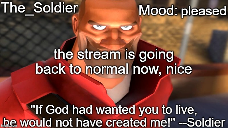 The_Soldier temp | pleased; the stream is going back to normal now, nice | image tagged in the_soldier temp | made w/ Imgflip meme maker