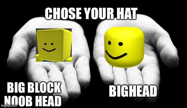 Red pills blue pills | CHOSE YOUR HAT; BIGHEAD; BIG BLOCK NOOB HEAD | image tagged in red pills blue pills | made w/ Imgflip meme maker