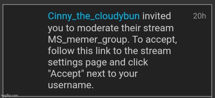 Since the mod reset some of you might be thinking that I was not mod before so Heres a ss that Cinny gave me mod yesterday | made w/ Imgflip meme maker