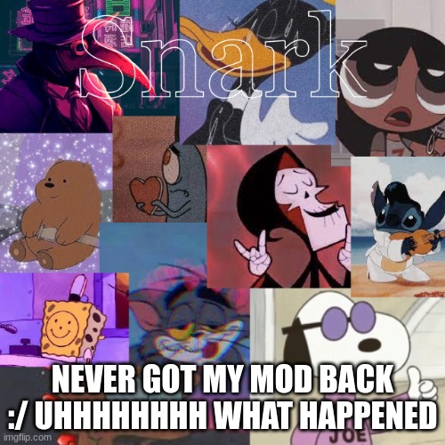 snark cartoon temp | NEVER GOT MY MOD BACK :/ UHHHHHHHH WHAT HAPPENED | image tagged in snark cartoon temp | made w/ Imgflip meme maker