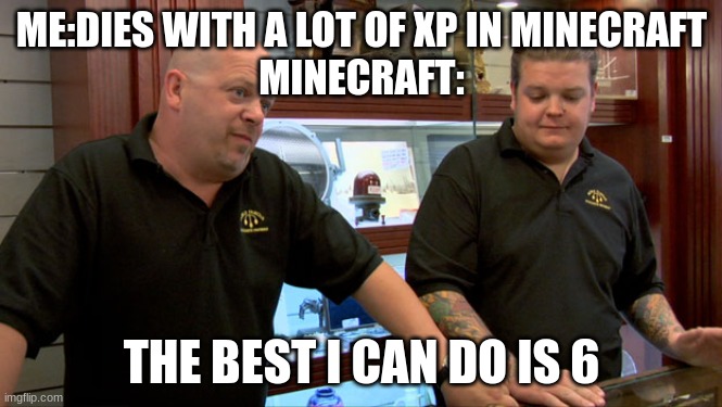 Pawn Stars Best I Can Do | ME:DIES WITH A LOT OF XP IN MINECRAFT
MINECRAFT:; THE BEST I CAN DO IS 6 | image tagged in pawn stars best i can do | made w/ Imgflip meme maker