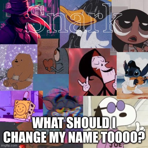 snark cartoon temp | WHAT SHOULD I CHANGE MY NAME TOOOO? | image tagged in snark cartoon temp | made w/ Imgflip meme maker