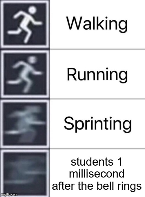 very tru | students 1 millisecond after the bell rings | image tagged in walking running sprinting | made w/ Imgflip meme maker
