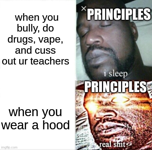 tell me this aint wrong |  when you bully, do drugs, vape, and cuss out ur teachers; PRINCIPLES; PRINCIPLES; when you wear a hood | image tagged in memes,sleeping shaq,funny,school,principle | made w/ Imgflip meme maker