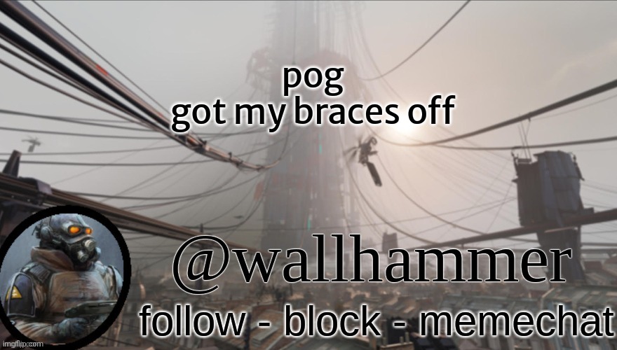 ay stream is back | pog
got my braces off | image tagged in wallhammer temp thanks bluehonu | made w/ Imgflip meme maker